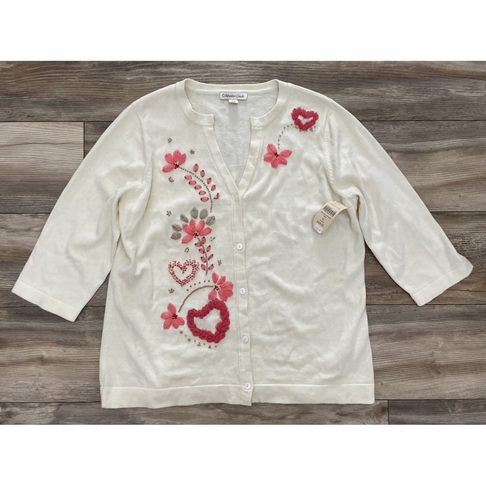 Coldwater Creek Cream 3/4 Sleeve Embroidered Heart Cardigan Sweater 1X